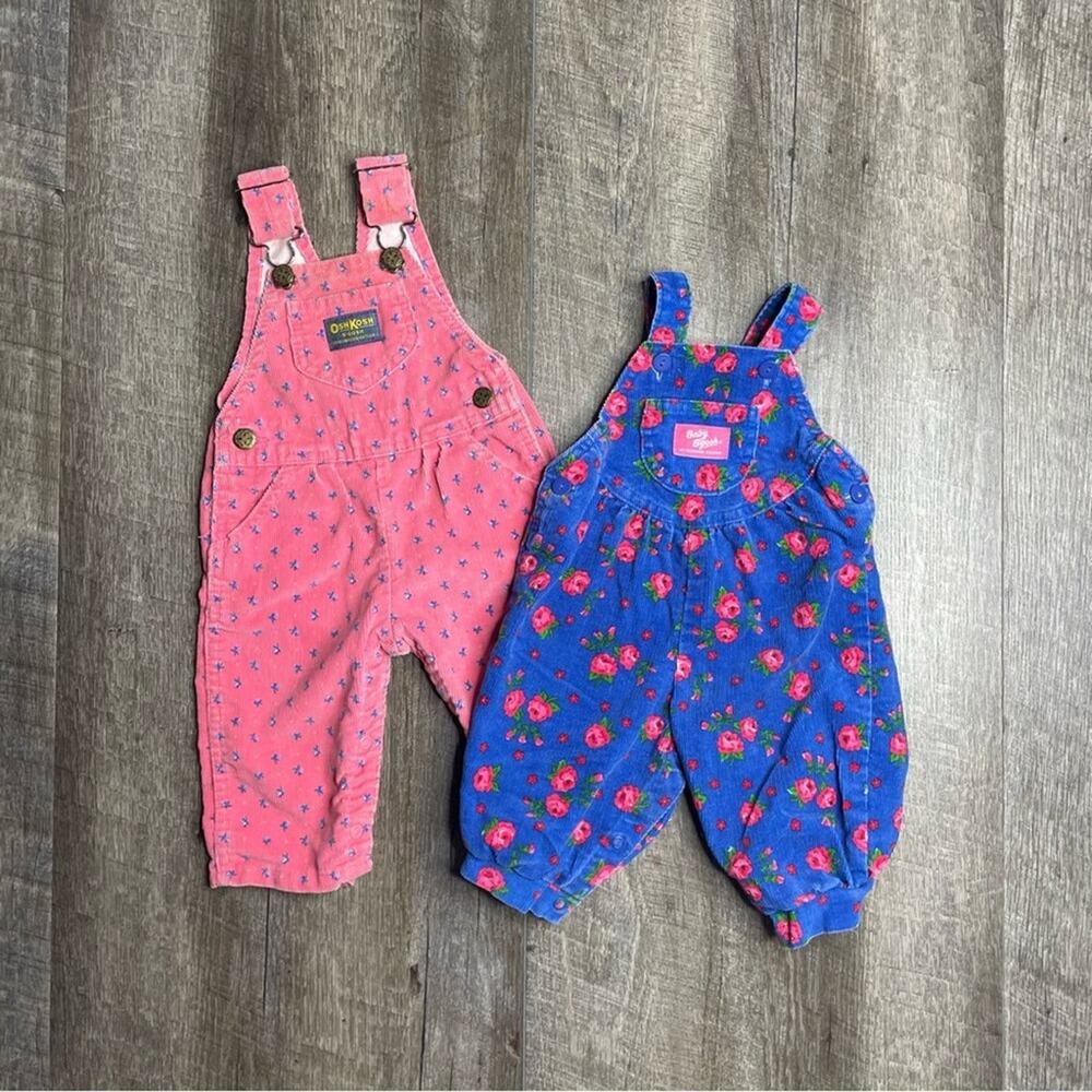 Vintage Osh Kosh Baby B Gosh Corduroy Floral Overalls Baby Girls Size 6-9 Months